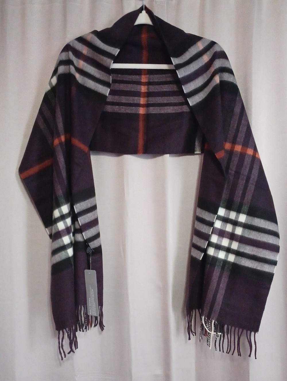 V Fraas Cashmink New Plaid Scarf Purple Gray White 73×10 Fringe Shawl Unisex